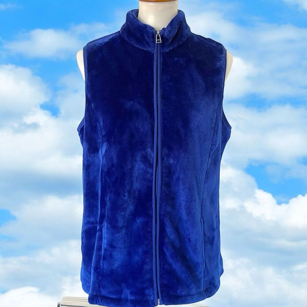 Kim Rogers Petite Plush Faux Fur Fuzzy Furry Royal Blue Vest Jacket Coat Pockets